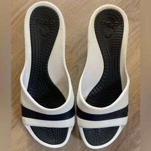 SOLD Crocs Sassari Wedge  Women’s Size 9 Platform Open Toe Slide White/Black EUC